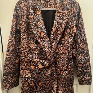 Free People Womens Floral Pattern Double-Breasted Blazer Jacket - Black & Copper
